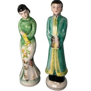 Vintage Made in Occupied Japan Ceramic Asian Man Woman Figurine Set Green Glaze